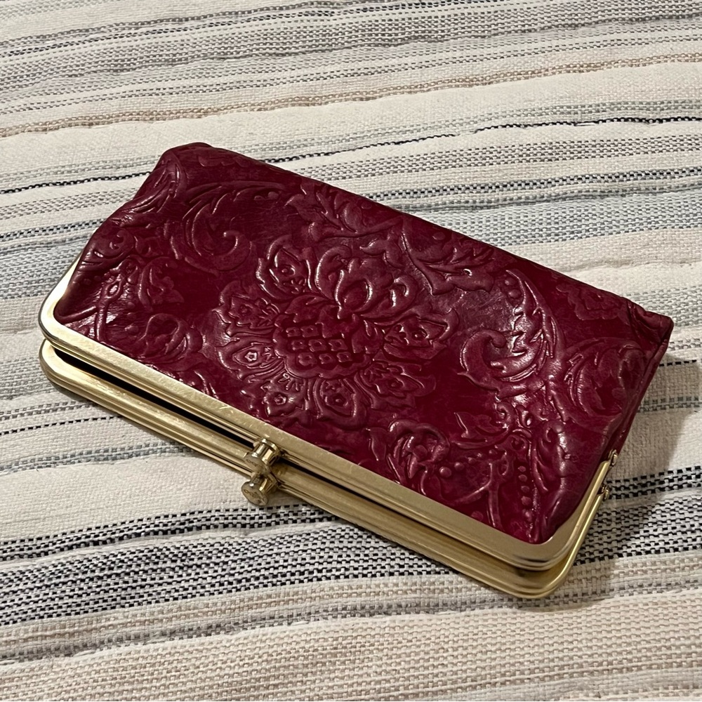 RARE HOBO Embossed Floral Leather Clutch Wallet - Burgundy